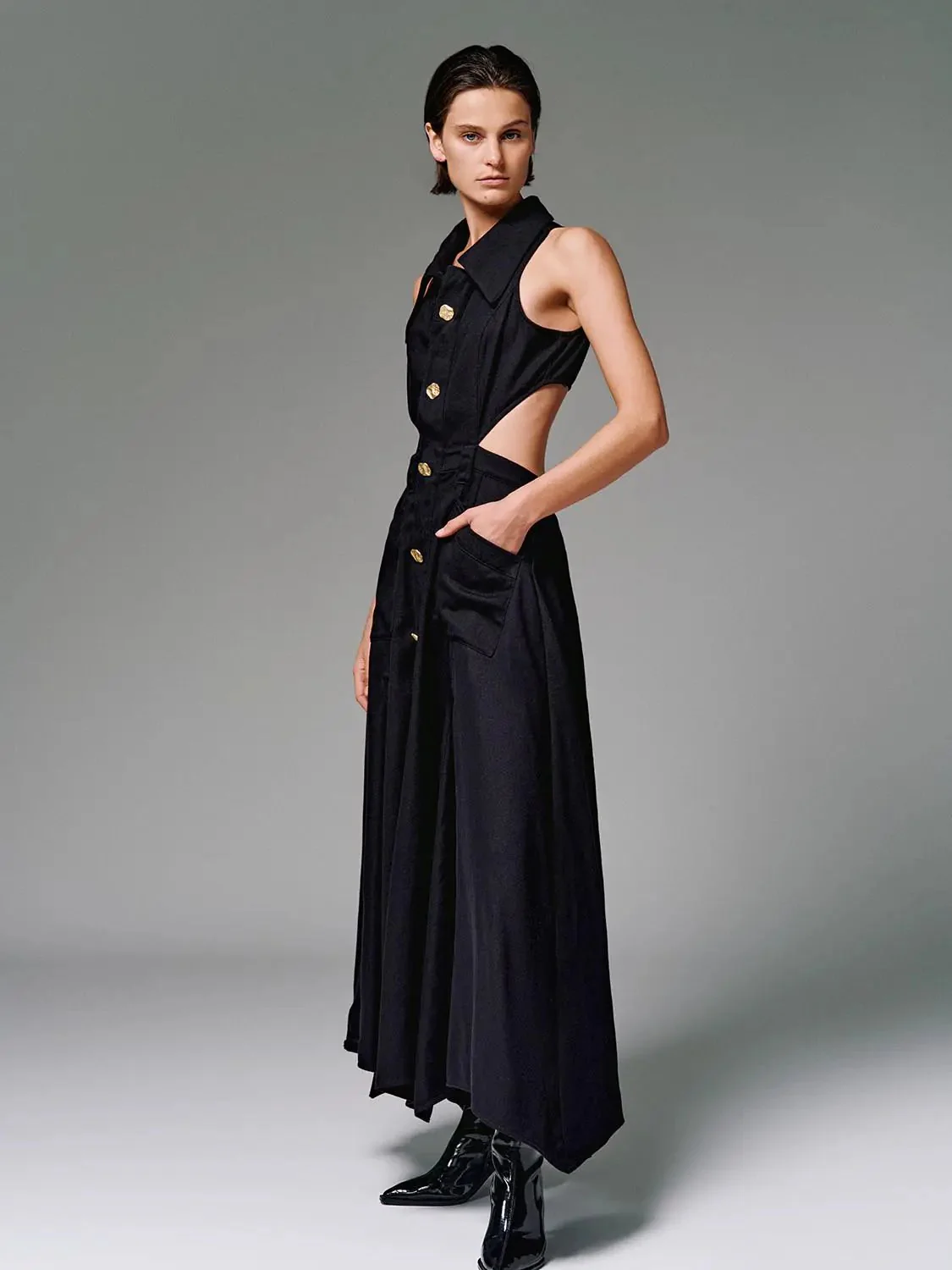 Cotton Cutout Sleeveless Navy Maxi Dress