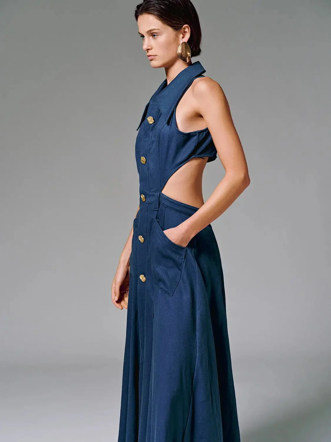 Cotton Cutout Sleeveless Navy Maxi Dress