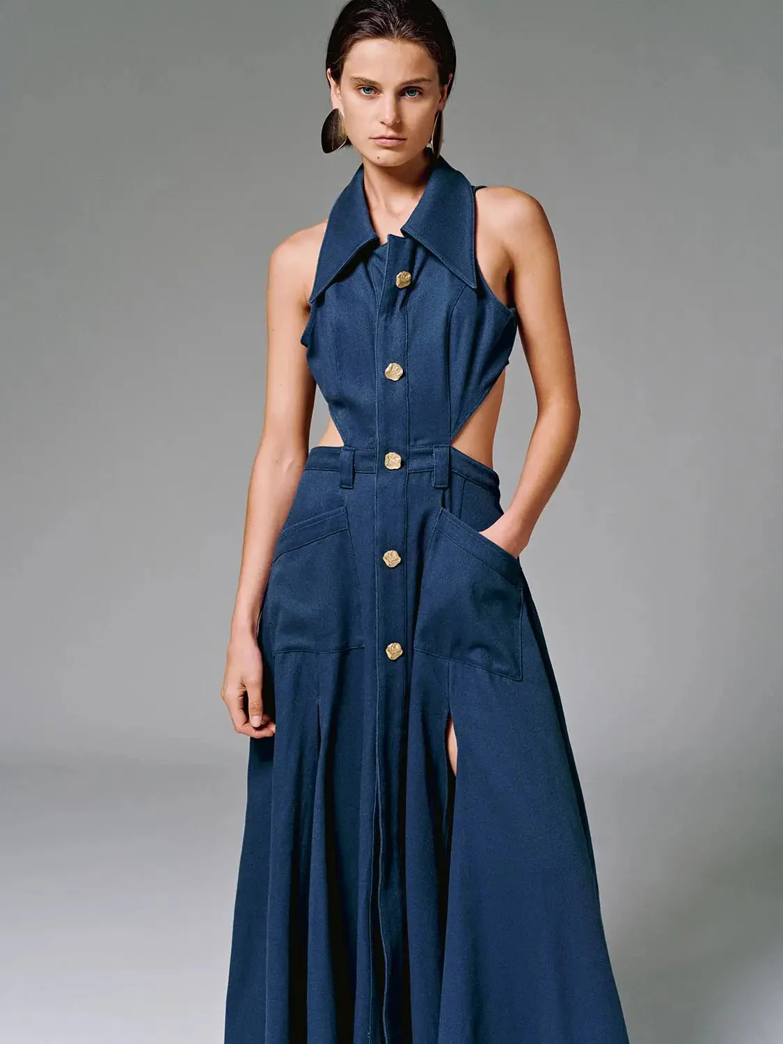 Cotton Cutout Sleeveless Navy Maxi Dress