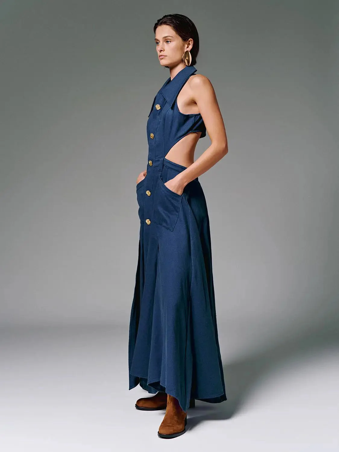 Cotton Cutout Sleeveless Navy Maxi Dress