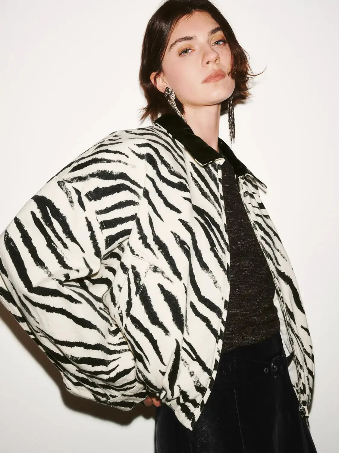 Zebra Print Cotton Denim Oversized Bomber Jackets