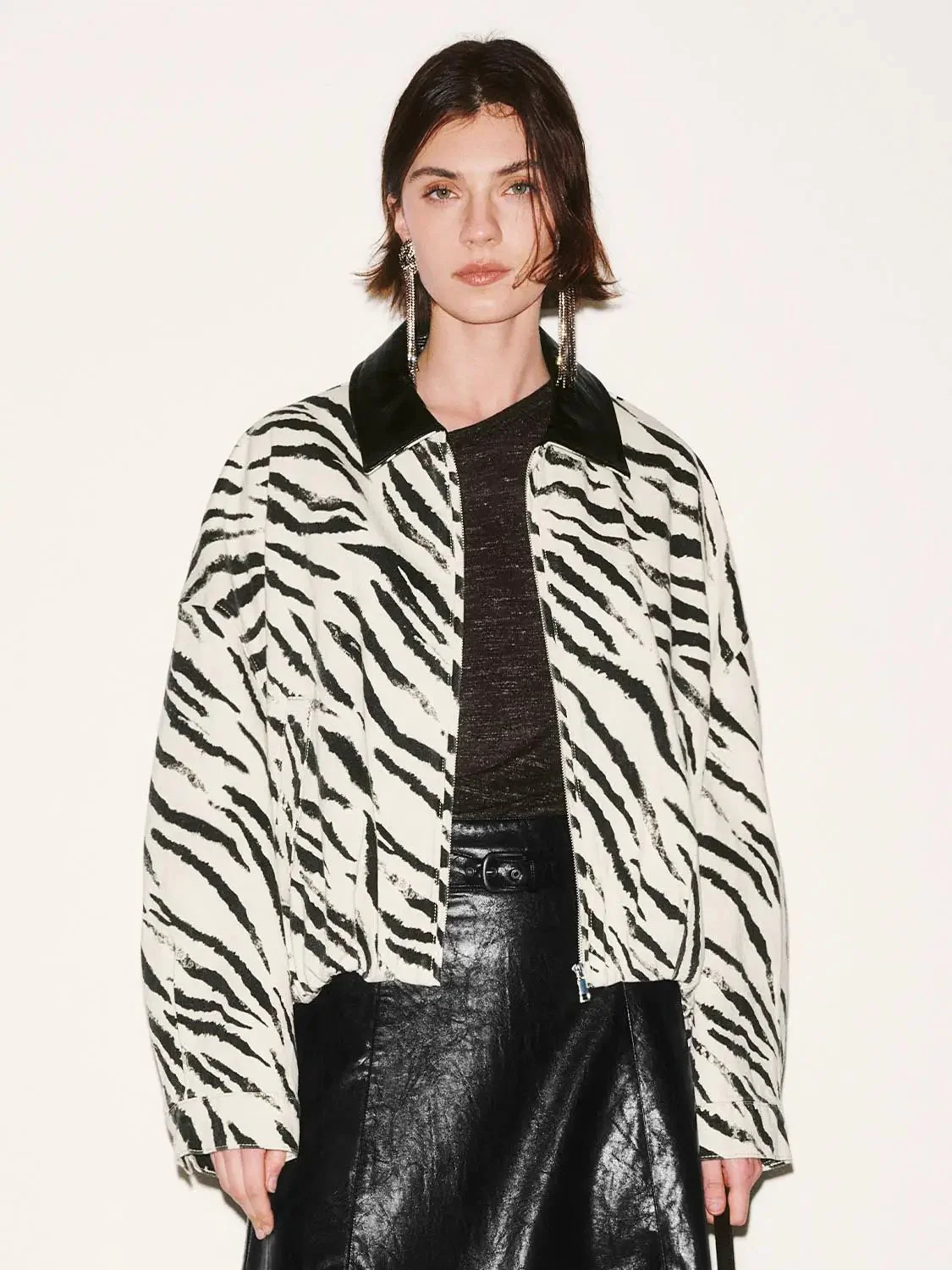 Zebra Print Cotton Denim Oversized Bomber Jackets