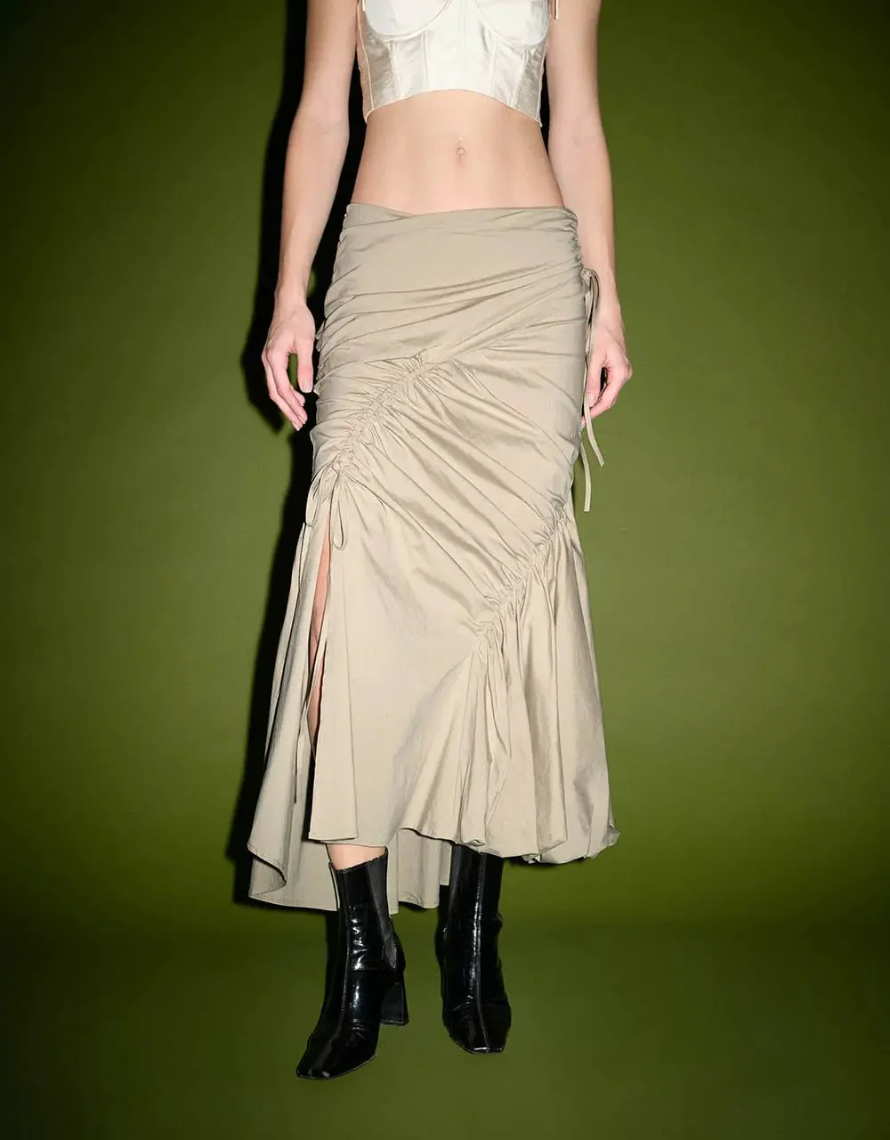 277-cotton-blend-ruffle-midi-fishtail-ruched-skirt-1.webp Cotton Blend Ruffle Midi Fishtail Ruched Skirt