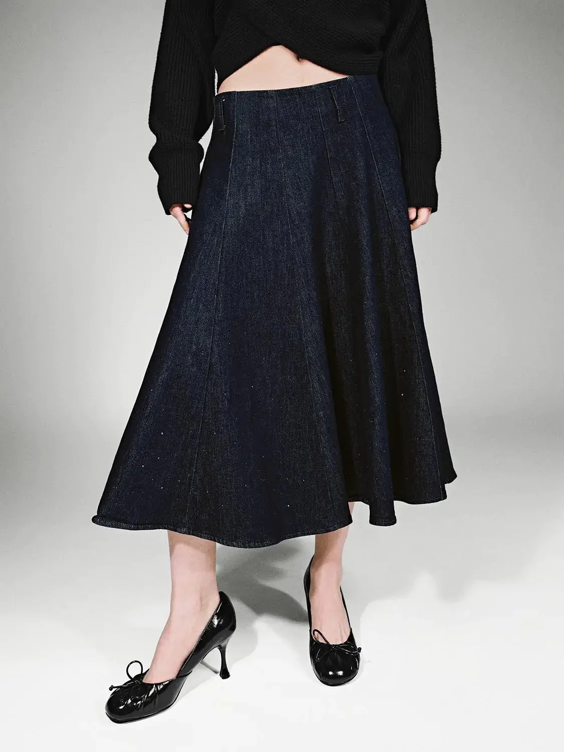 Timeless Beaded Pleated Denim Midi Skirt