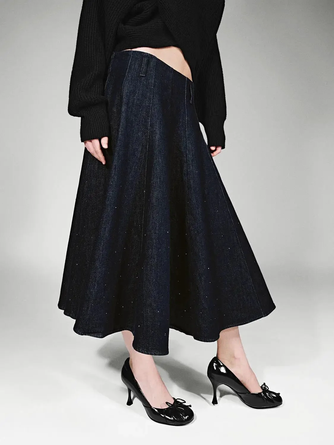 Timeless Beaded Pleated Denim Midi Skirt