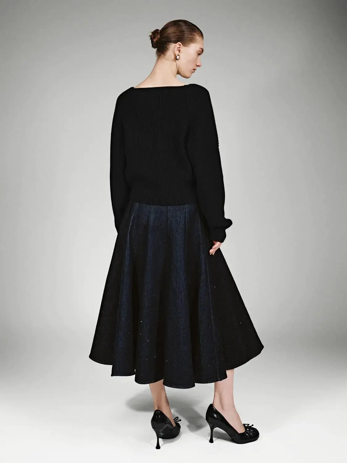 Timeless Beaded Pleated Denim Midi Skirt