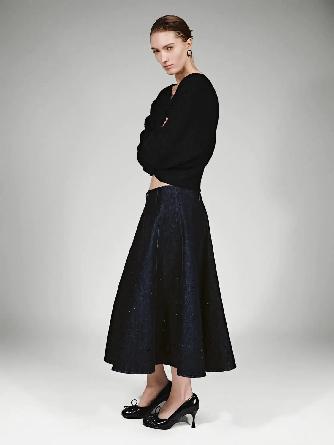 Timeless Beaded Pleated Denim Midi Skirt
