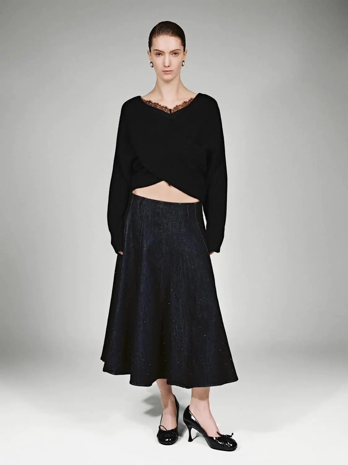 Timeless Beaded Pleated Denim Midi Skirt