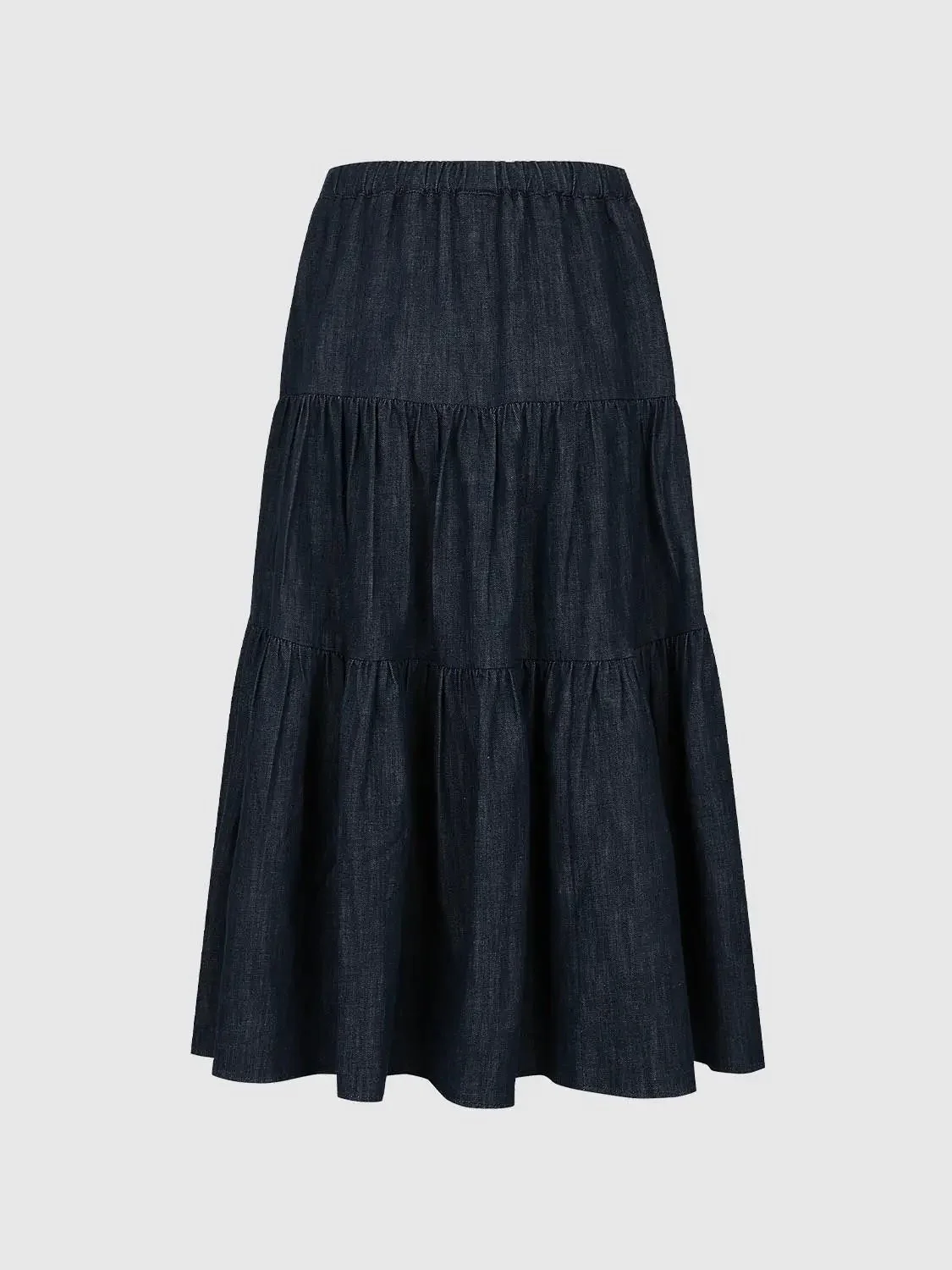Tiered Ruffle Trim Denim Midi Skirts