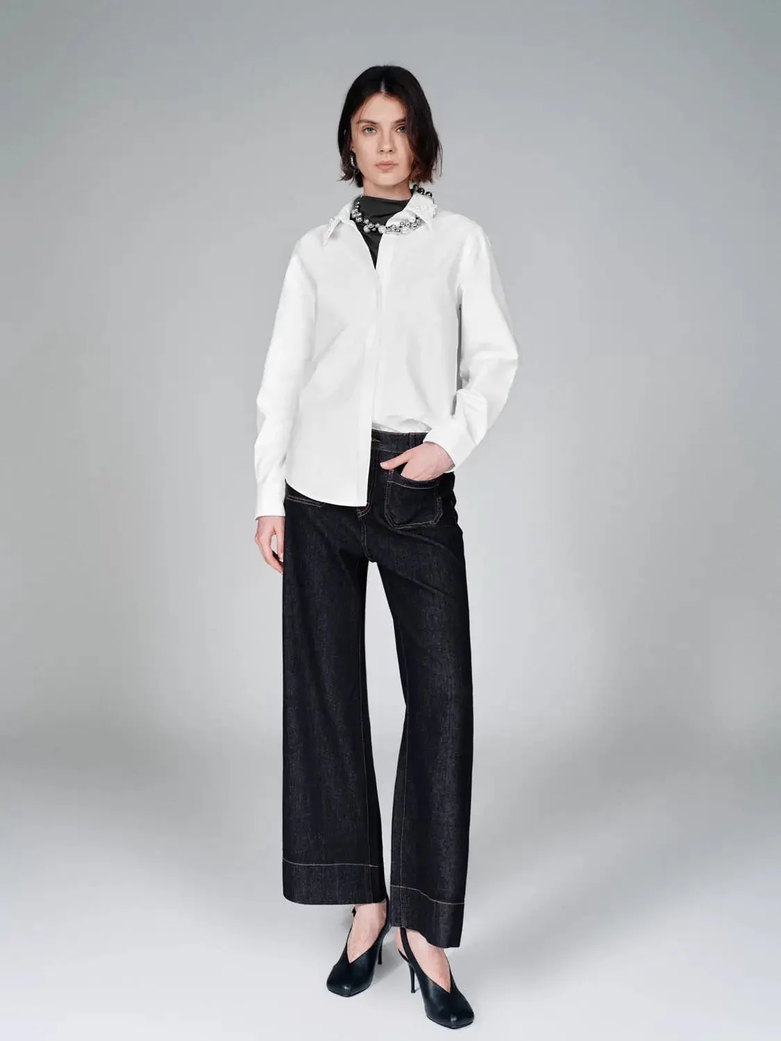 Patch Pocket Stitch Detail Flare Leg Jeans