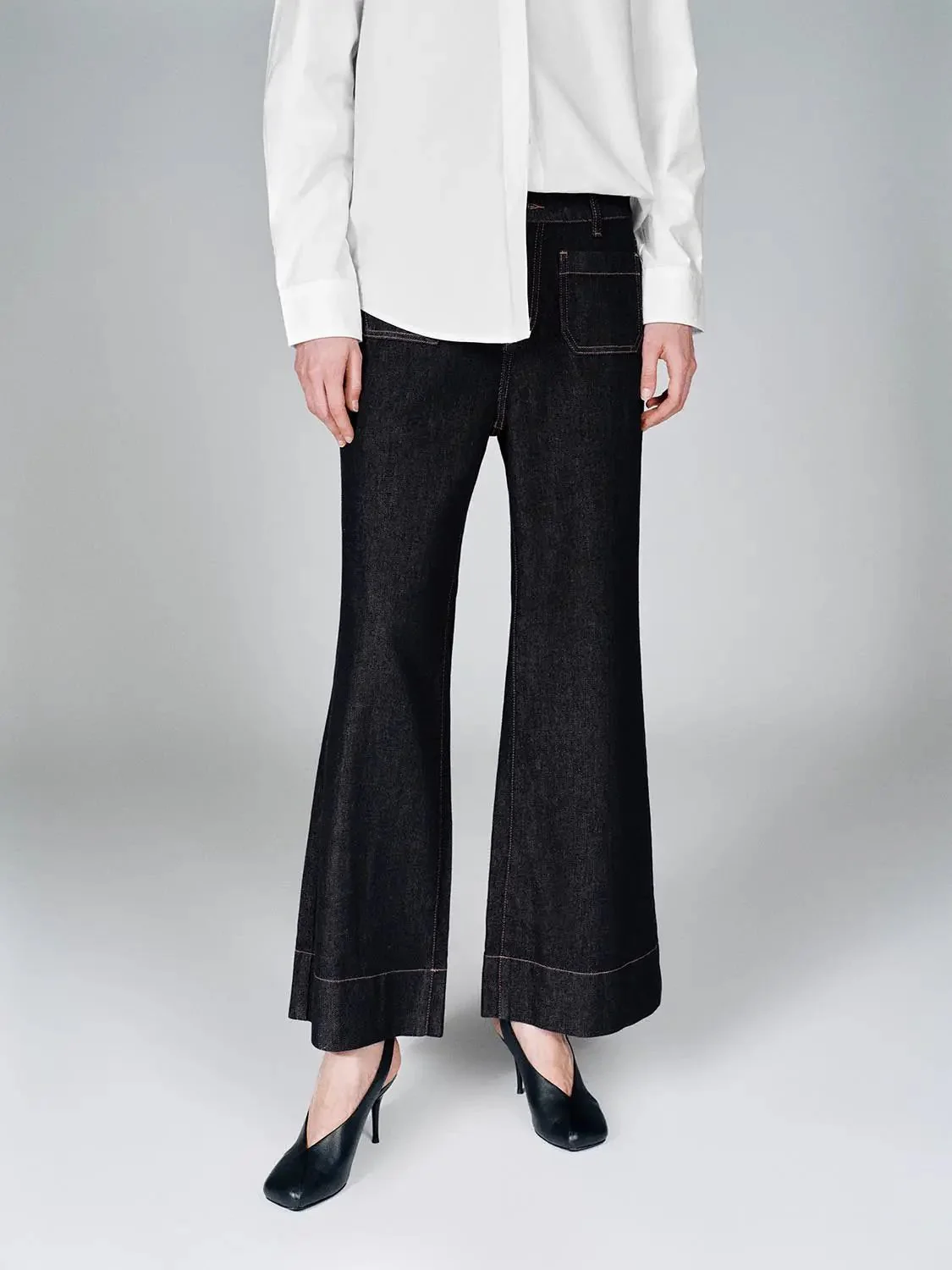 Patch Pocket Stitch Detail Flare Leg Jeans