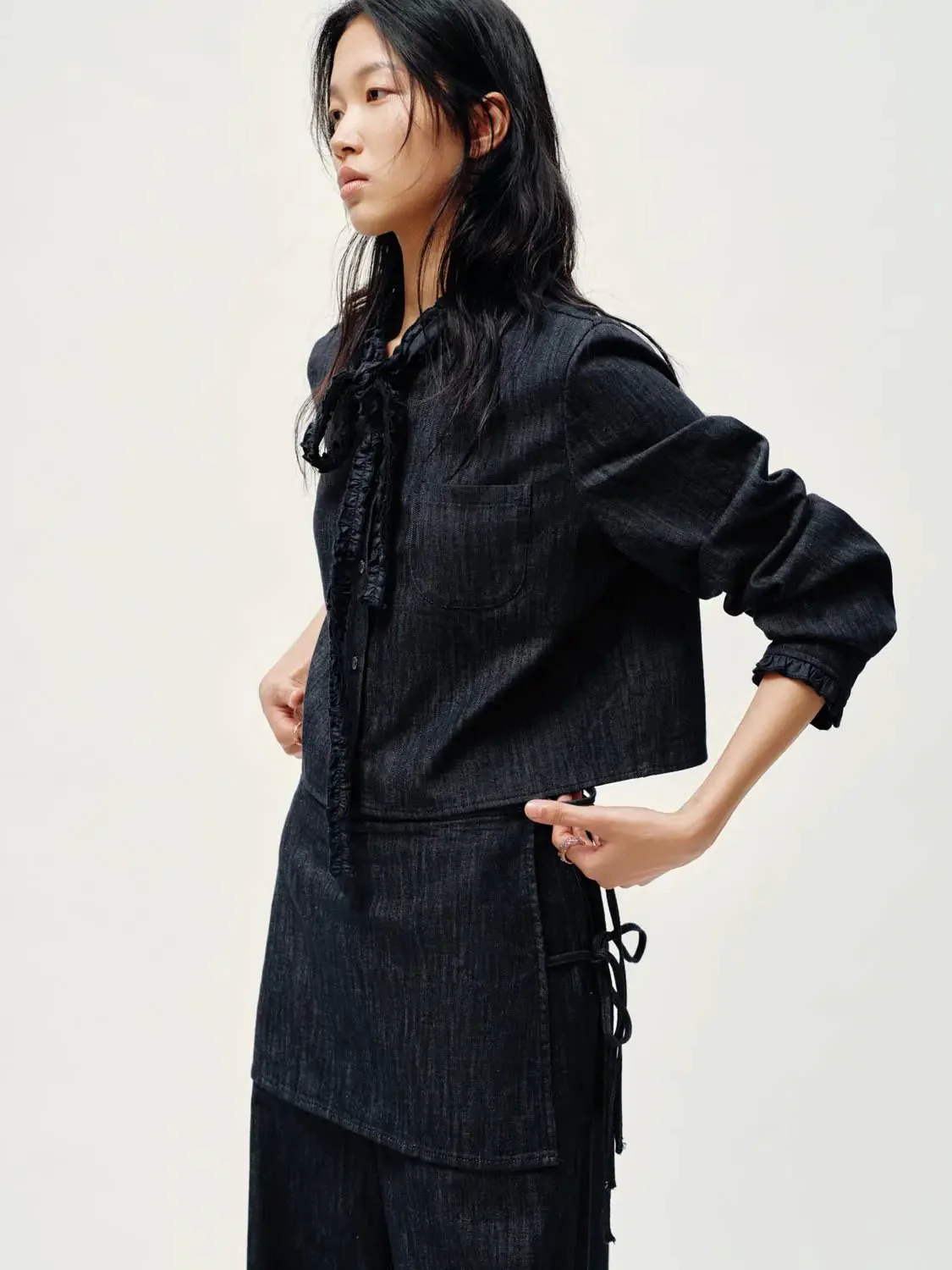 3025-ruffle-scarf-neck-denim-shirts-2.webp Ruffle Scarf Neck Denim Shirts