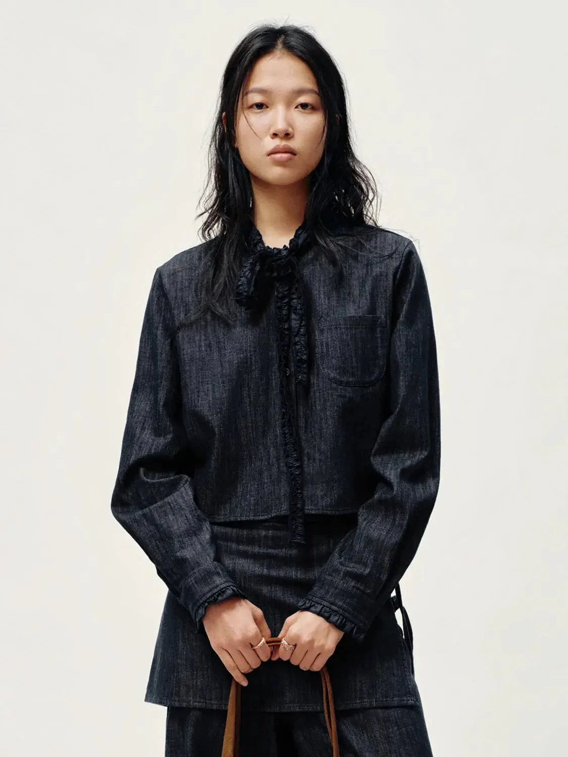 3025-ruffle-scarf-neck-denim-shirts-9.webp Ruffle Scarf Neck Denim Shirts