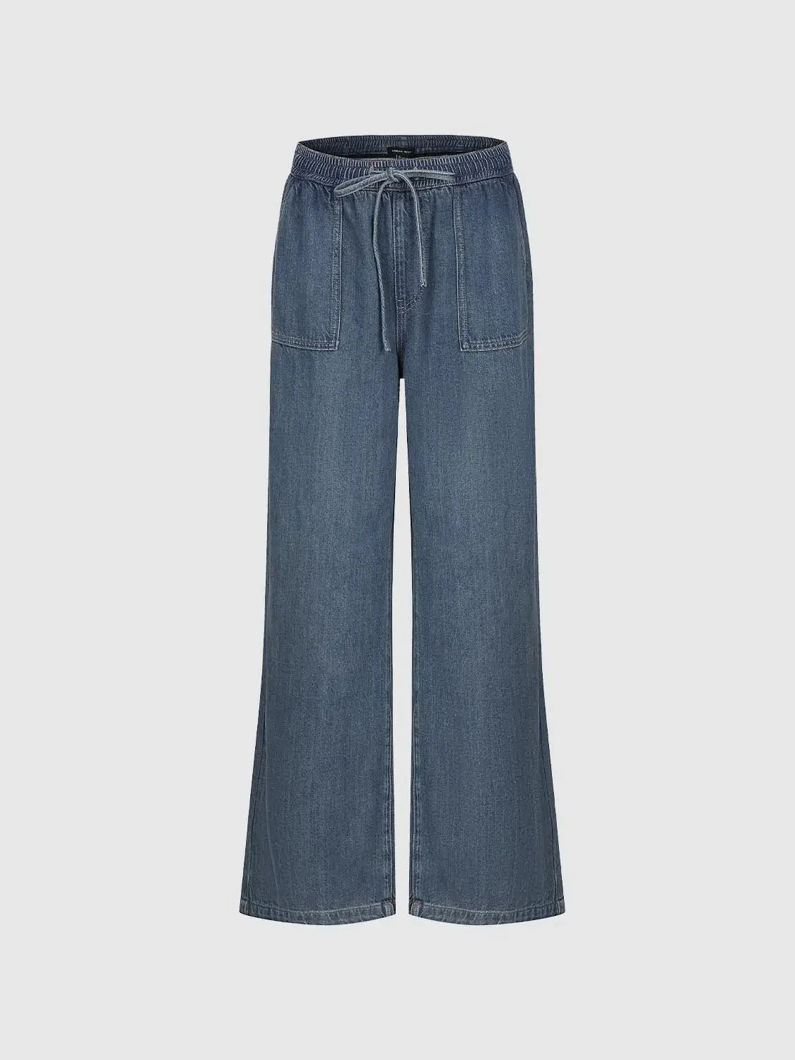 Drawstring Pull On Patch Pocket Wide Leg Jeans