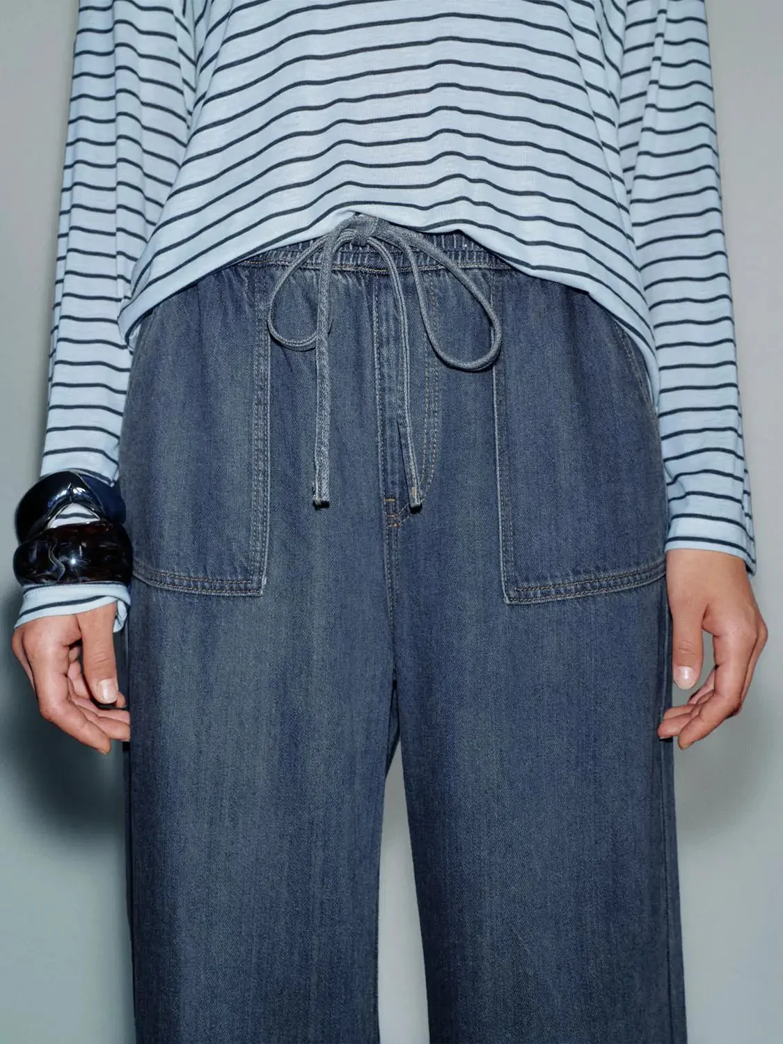 Drawstring Pull On Patch Pocket Wide Leg Jeans