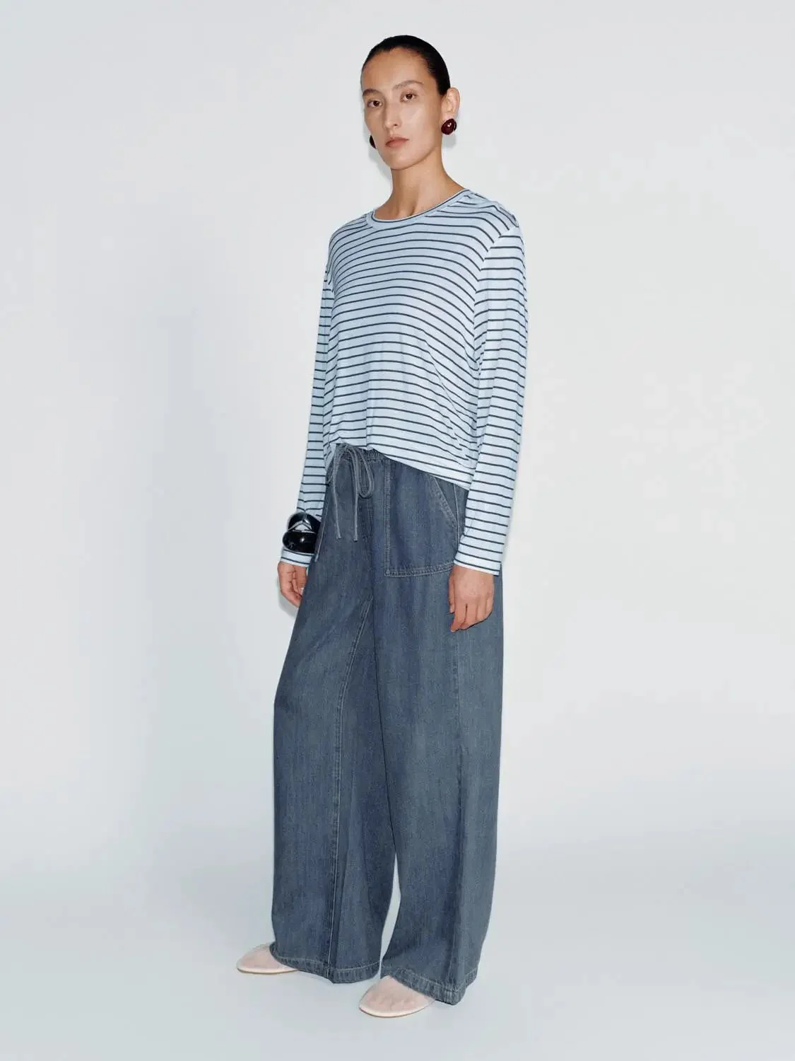 Drawstring Pull On Patch Pocket Wide Leg Jeans