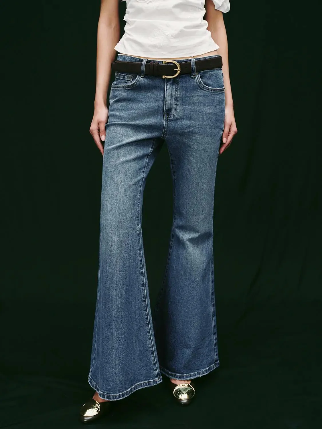 Soft Cotton Blend Belted Flare Elegant Jeans