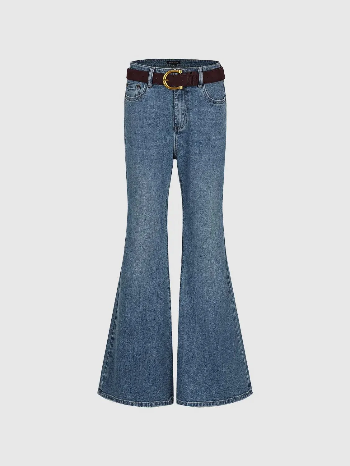 Soft Cotton Blend Belted Flare Elegant Jeans