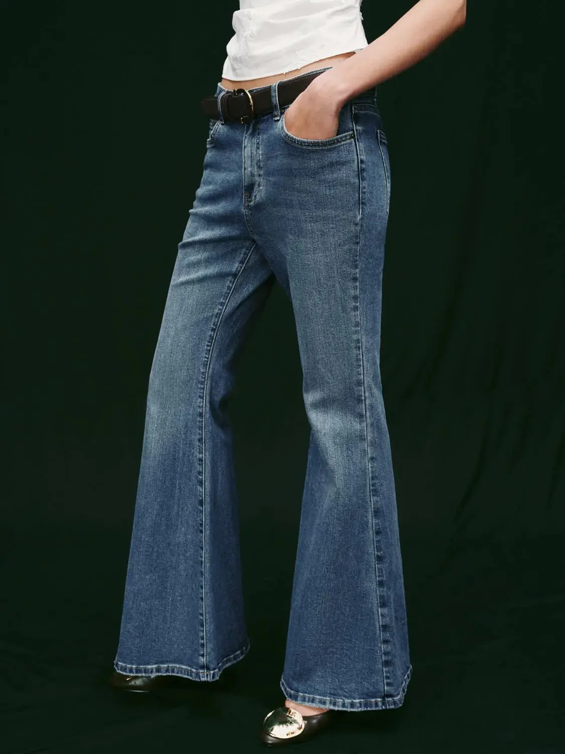 Soft Cotton Blend Belted Flare Elegant Jeans