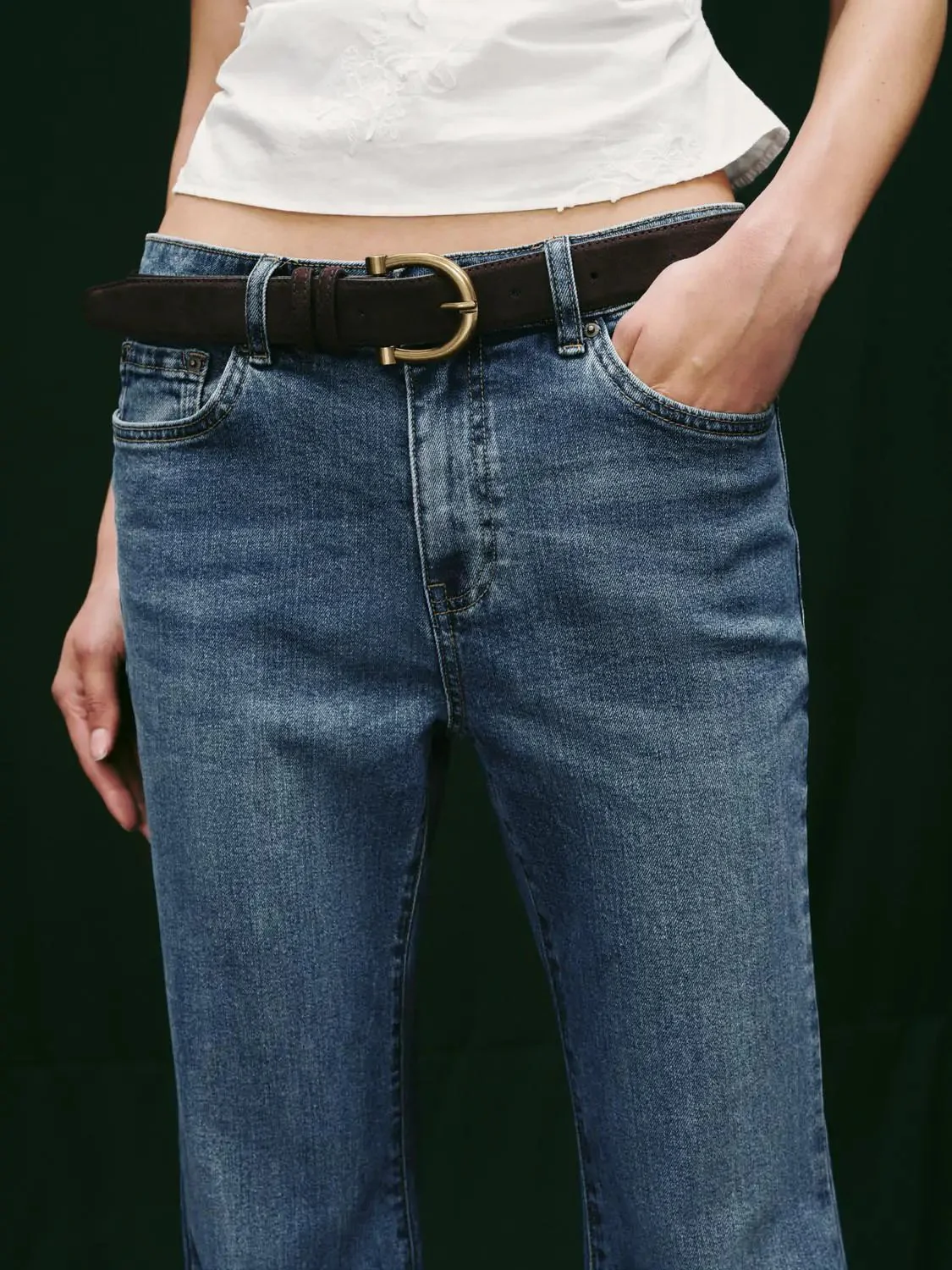 Soft Cotton Blend Belted Flare Elegant Jeans
