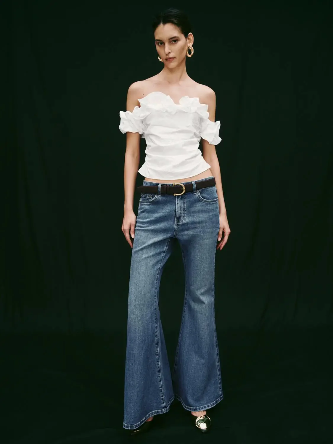 Soft Cotton Blend Belted Flare Elegant Jeans