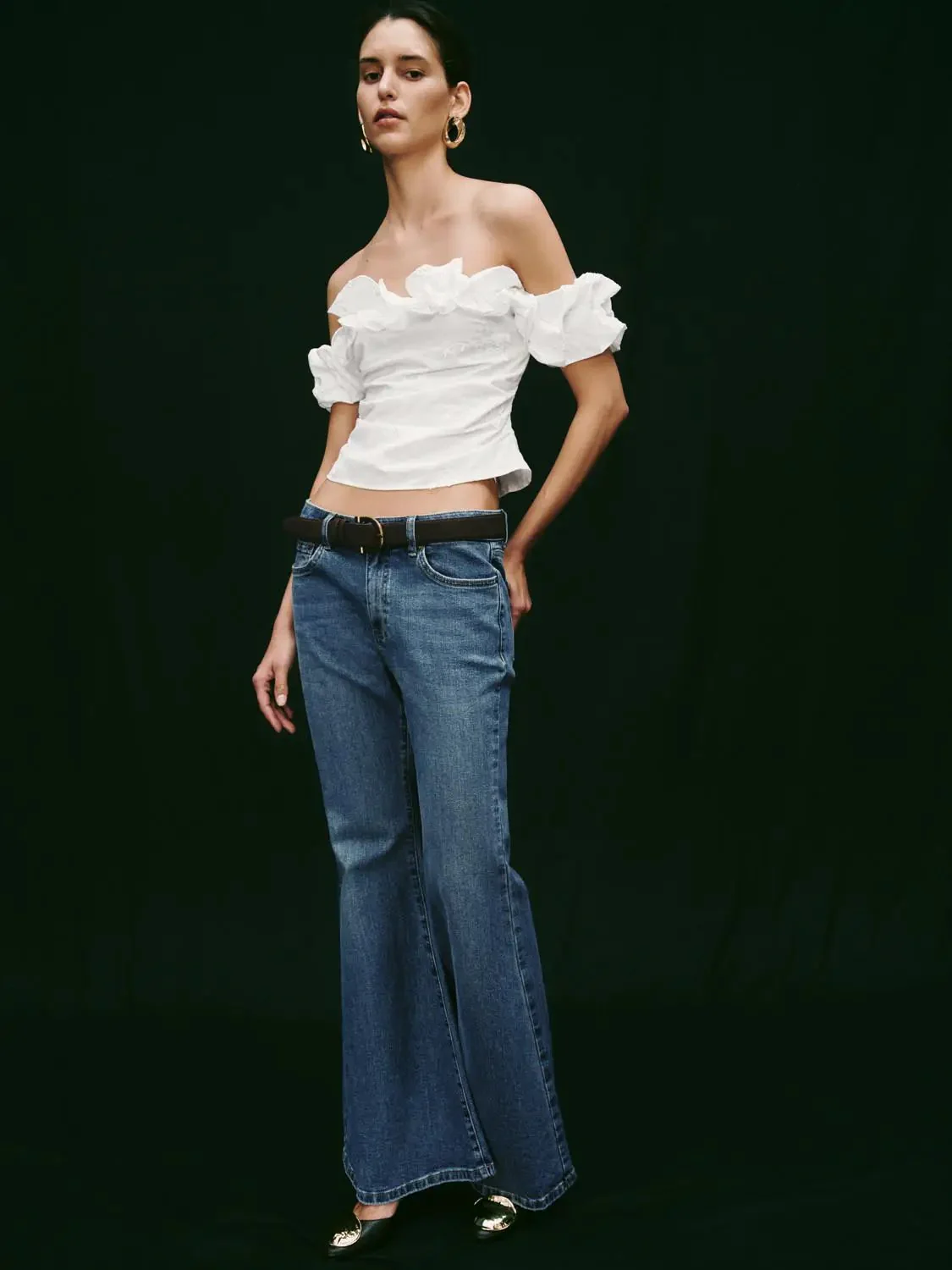 Soft Cotton Blend Belted Flare Elegant Jeans