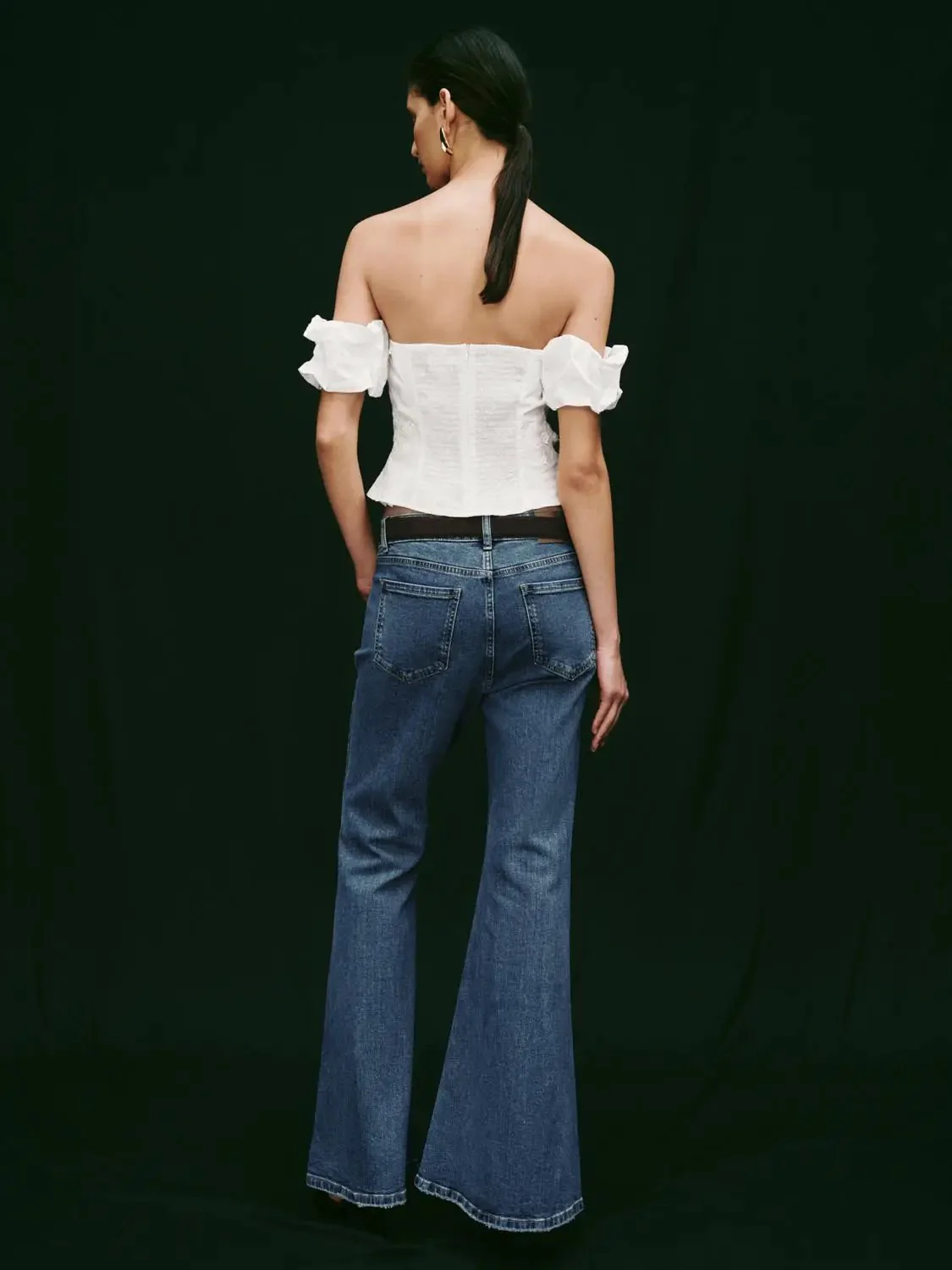 Soft Cotton Blend Belted Flare Elegant Jeans