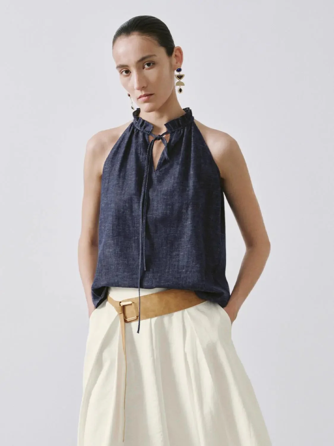 3357-ruffle-tie-neck-sleeveless-denim-shirts-1.webp Ruffle Tie Neck Sleeveless Denim Shirts
