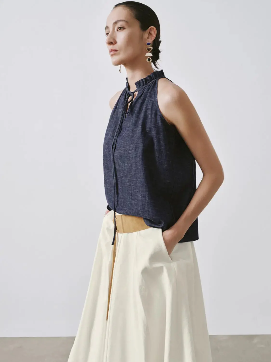 3357-ruffle-tie-neck-sleeveless-denim-shirts-2.webp Ruffle Tie Neck Sleeveless Denim Shirts