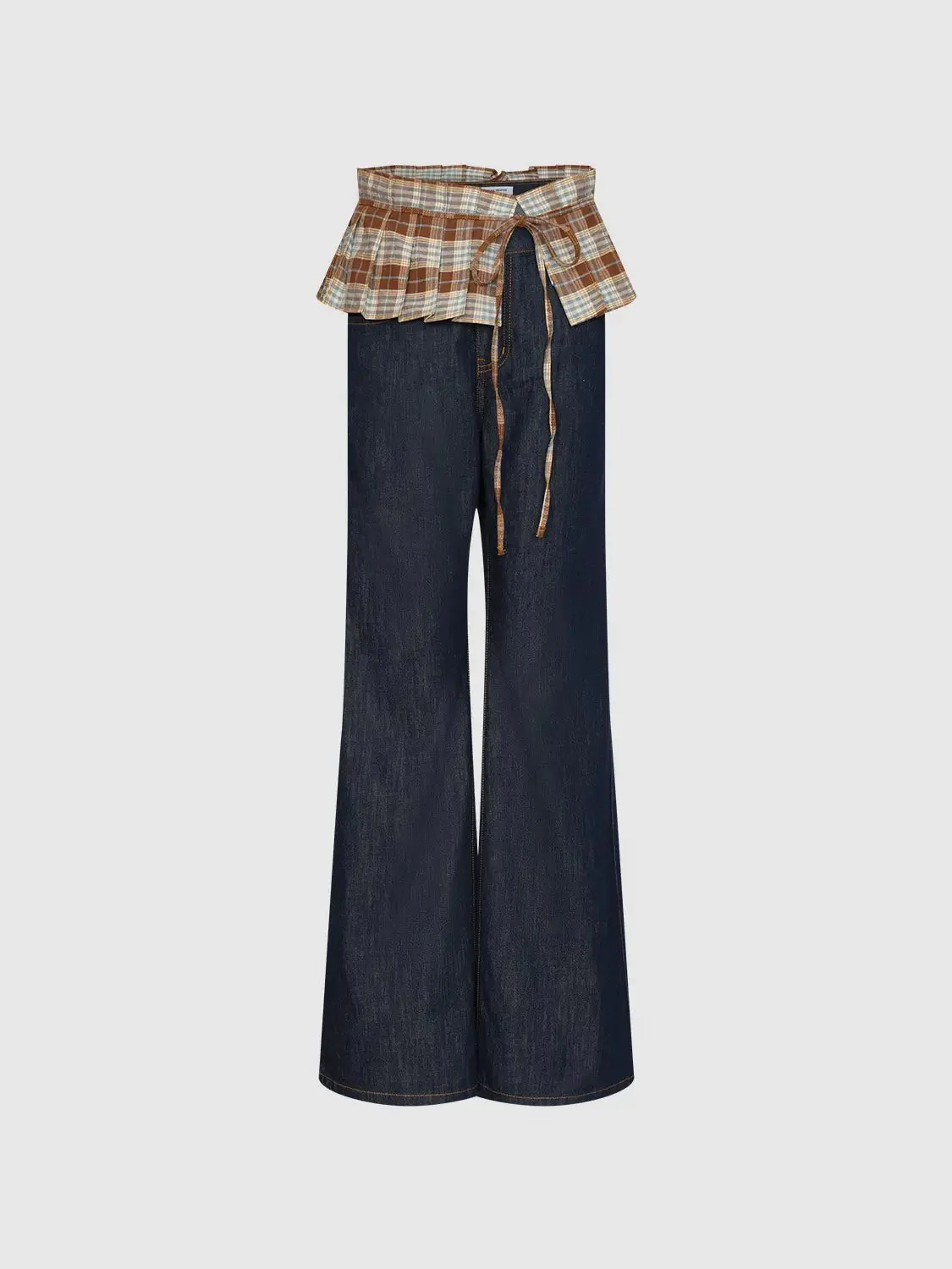 3430-check-overlay-spliced-flare-leg-jeans-2.webp Check Overlay Spliced Flare Leg Jeans