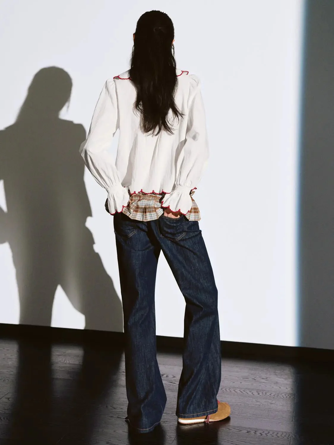3430-check-overlay-spliced-flare-leg-jeans-4.webp Check Overlay Spliced Flare Leg Jeans