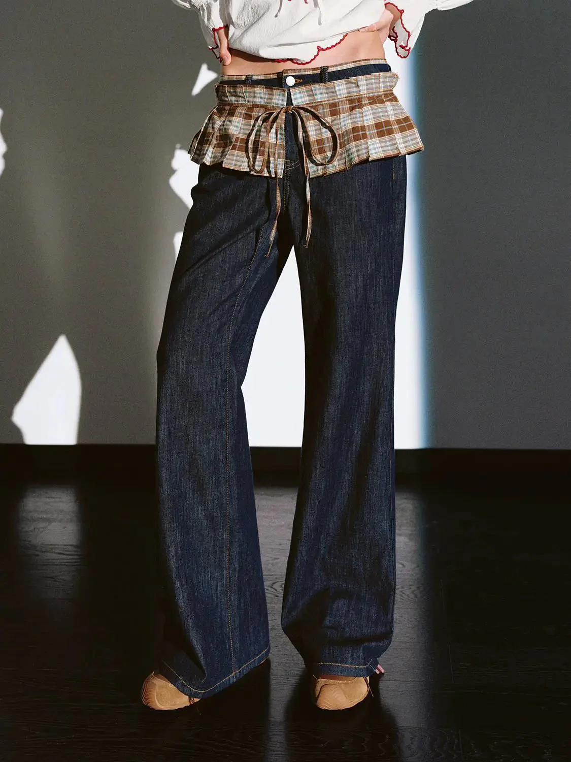 3430-check-overlay-spliced-flare-leg-jeans-9.webp Check Overlay Spliced Flare Leg Jeans
