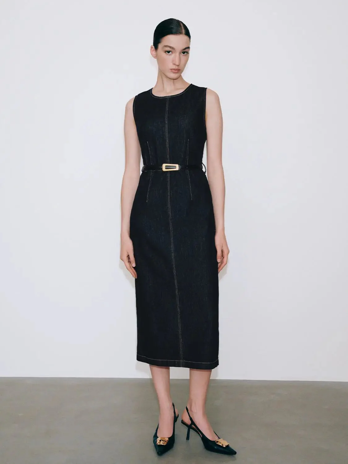 Belted Sleeveless Denim Midi Dresses