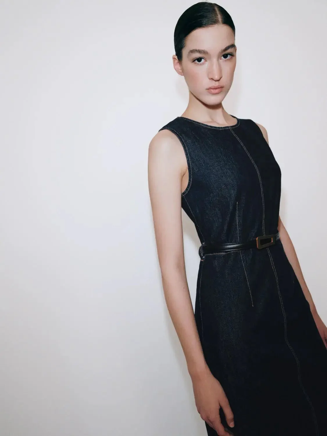 Belted Sleeveless Denim Midi Dresses