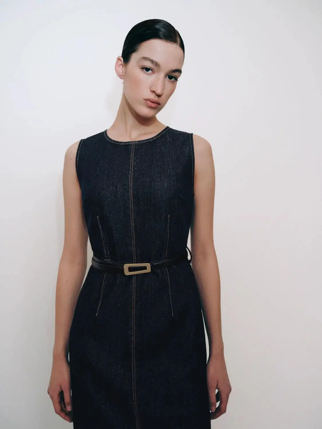 Belted Sleeveless Denim Midi Dresses