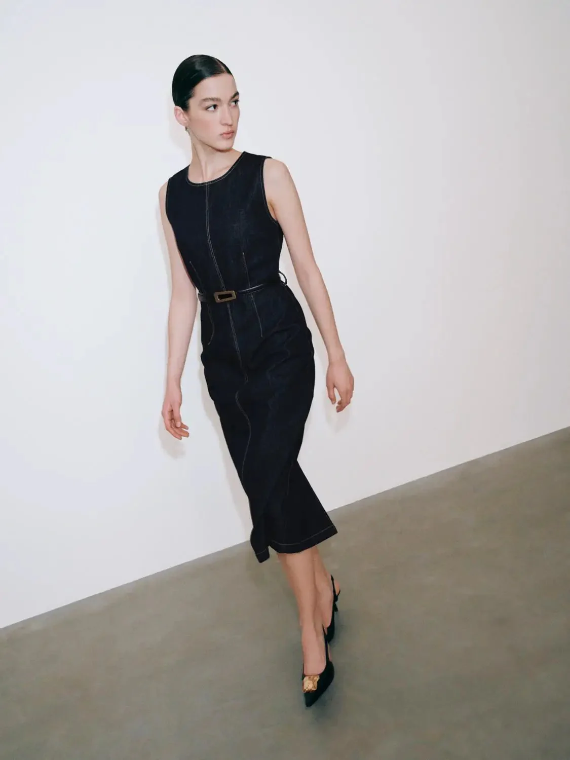 Belted Sleeveless Denim Midi Dresses