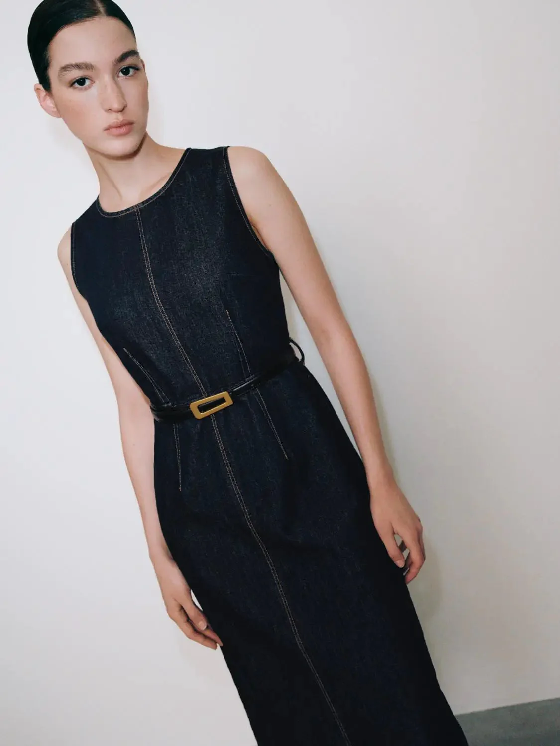 Belted Sleeveless Denim Midi Dresses