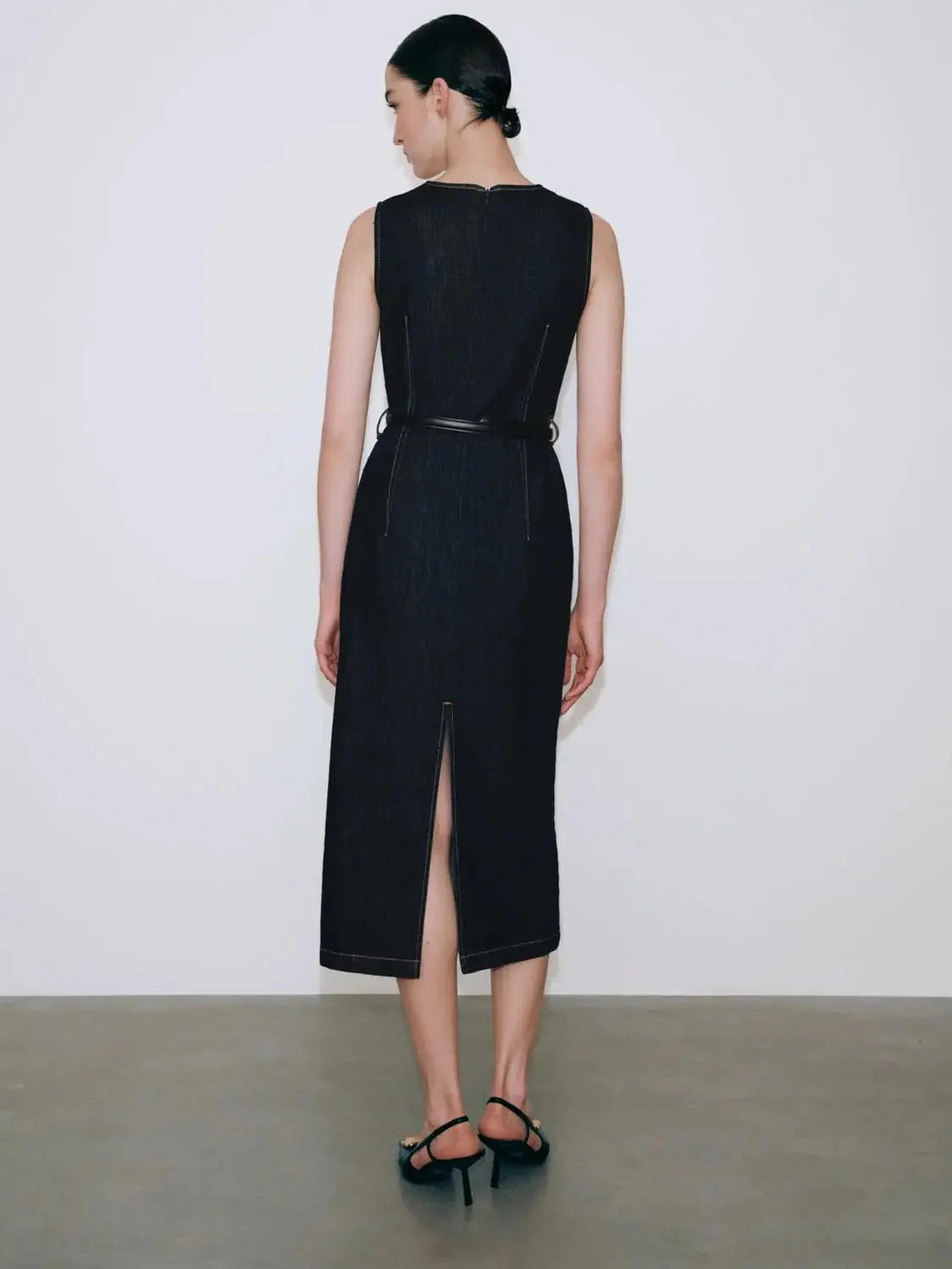 Belted Sleeveless Denim Midi Dresses