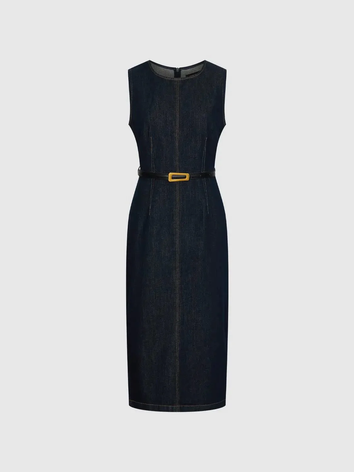 Belted Sleeveless Denim Midi Dresses
