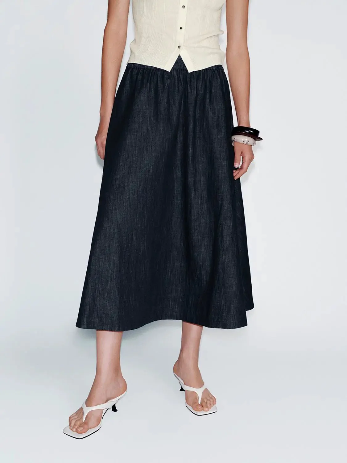 365-cotton-denim-midi-elastic-waist-pull-on-skirts-9.webp Cotton Denim Midi Elastic Waist Pull On Skirts