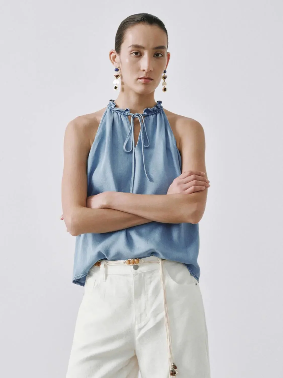 3778-ruffle-neck-sleeveless-denim-shirts-1.webp Ruffle Neck Sleeveless Denim Shirts
