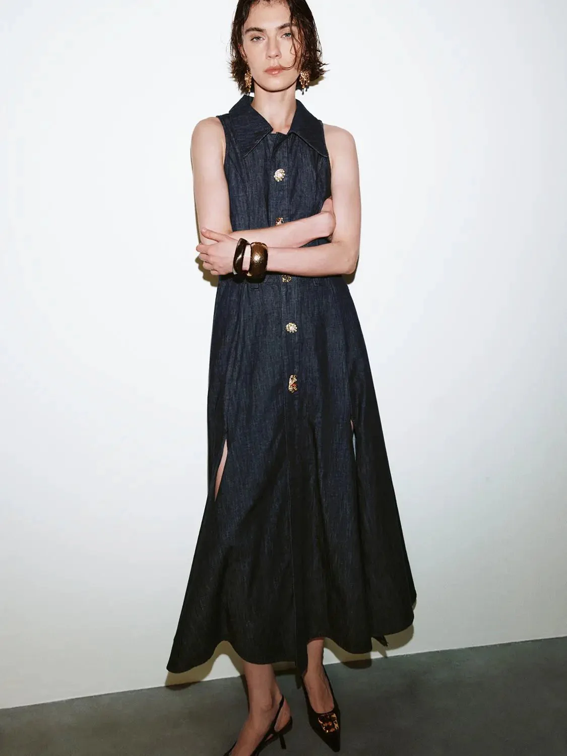 Denim Pleated Sleeveless Button Detail Dresses