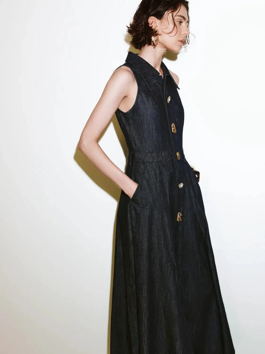 Denim Pleated Sleeveless Button Detail Dresses