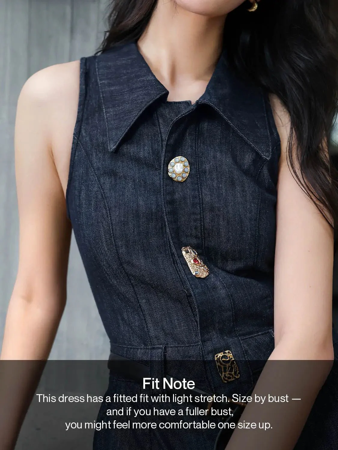 Denim Pleated Sleeveless Button Detail Dresses