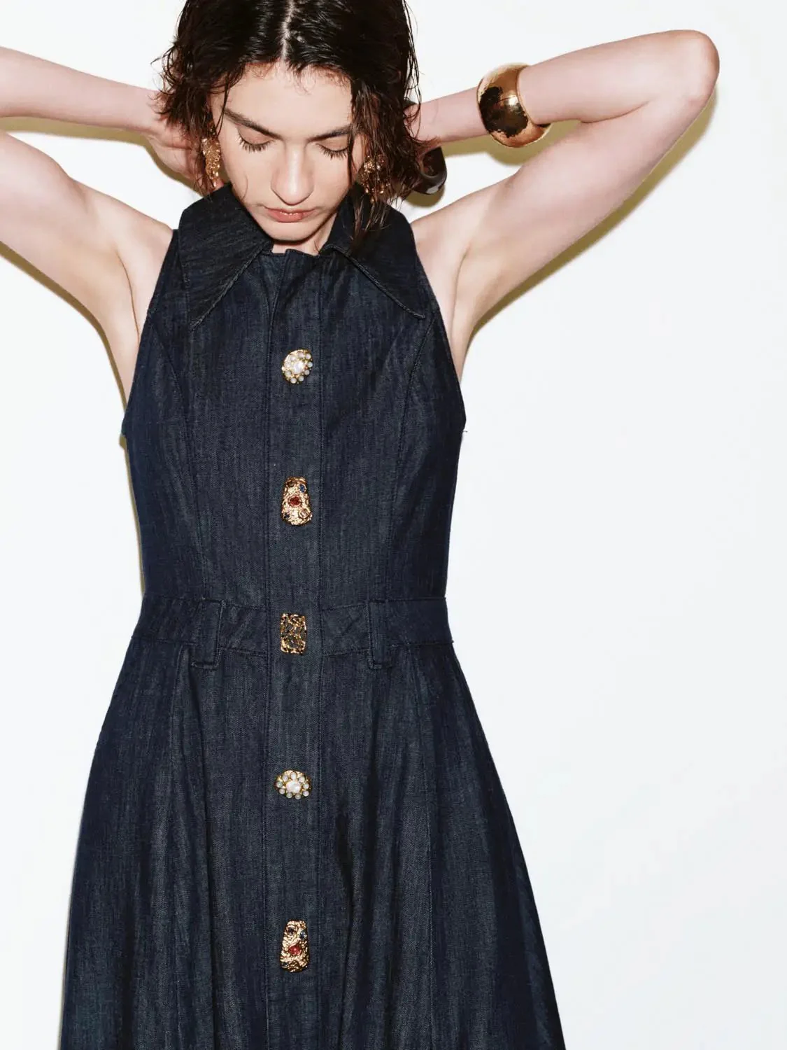 Denim Pleated Sleeveless Button Detail Dresses