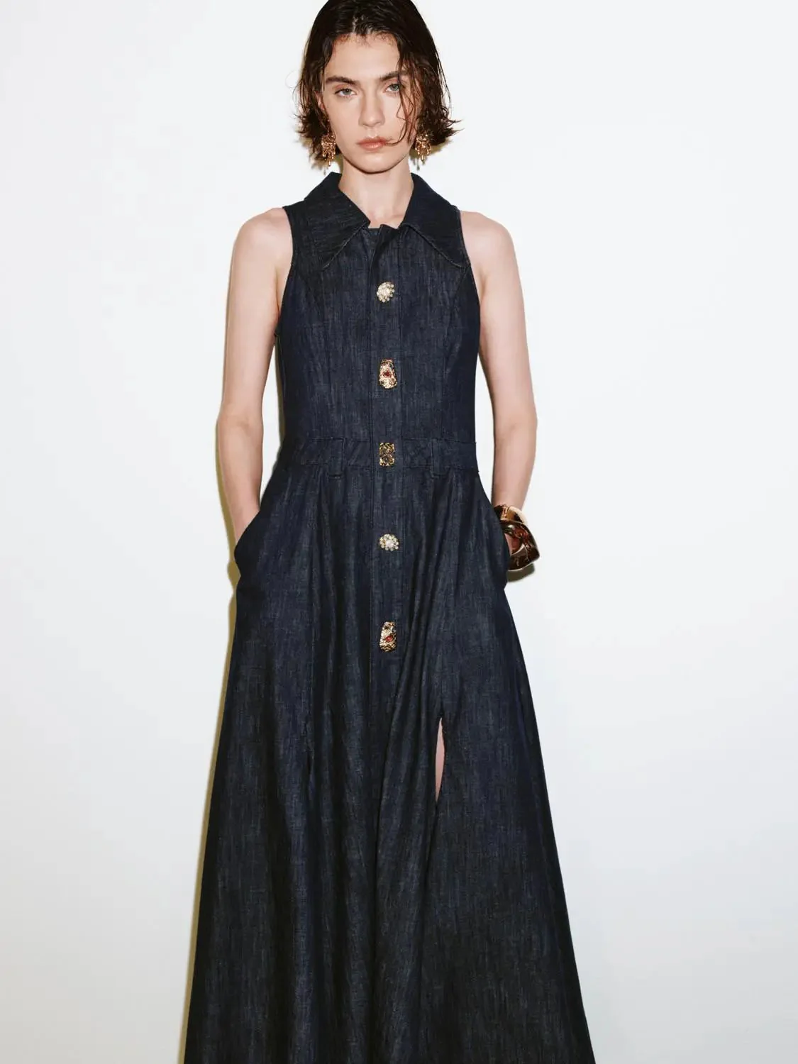 Denim Pleated Sleeveless Button Detail Dresses