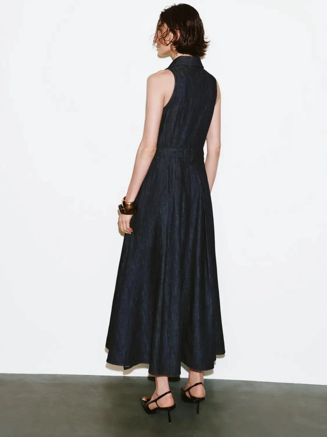 Denim Pleated Sleeveless Button Detail Dresses