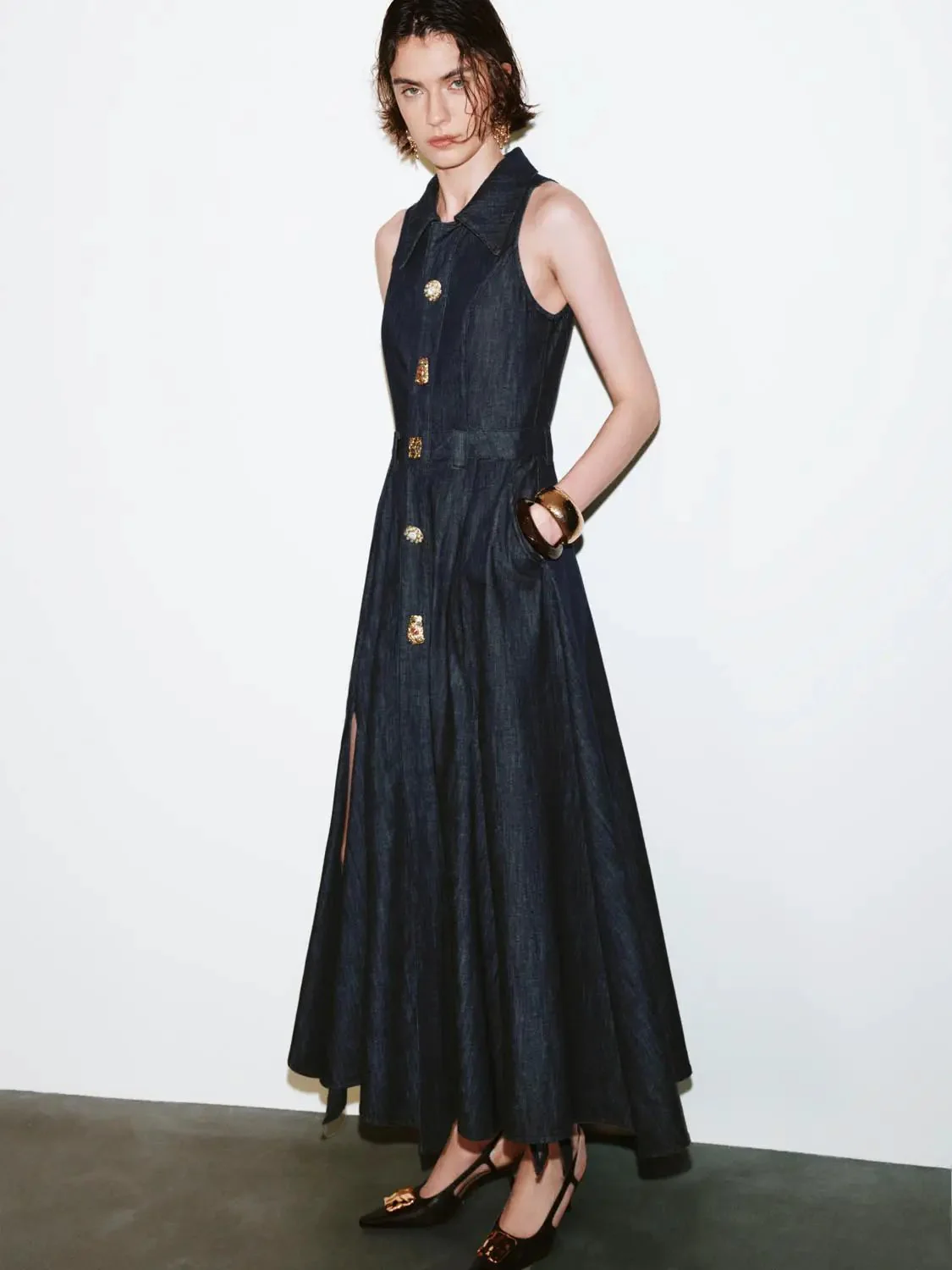 Denim Pleated Sleeveless Button Detail Dresses