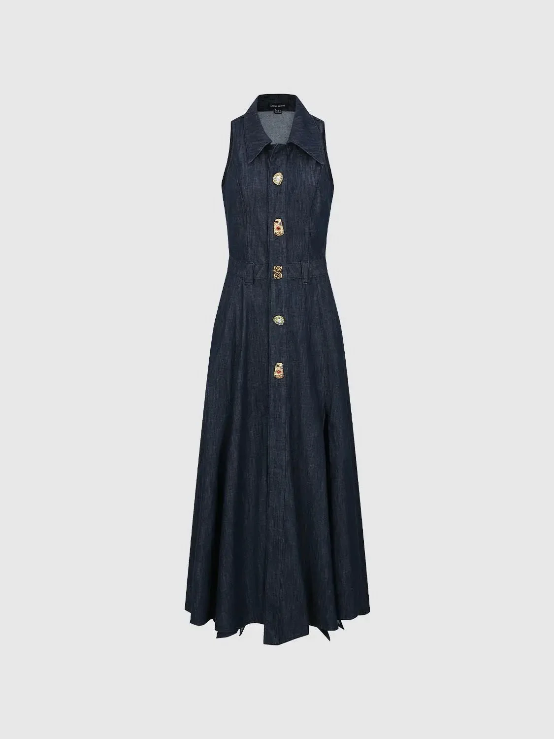 Denim Pleated Sleeveless Button Detail Dresses