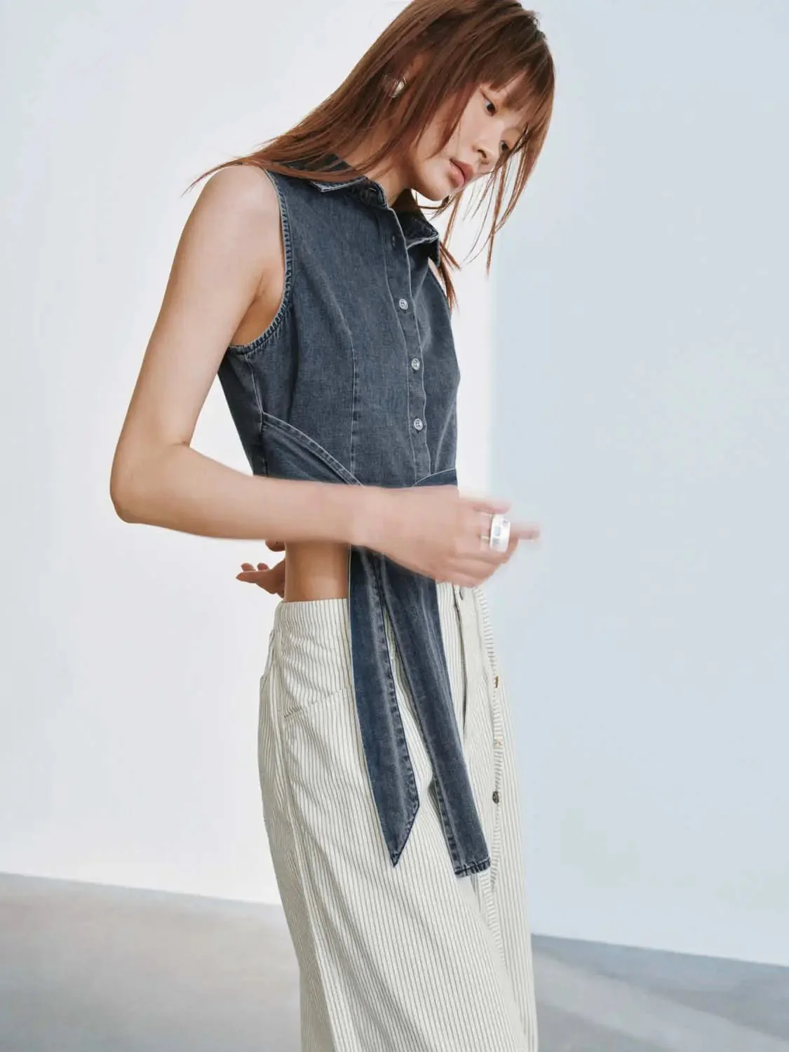 Tie-Front Sleeveless Denim Shirts
